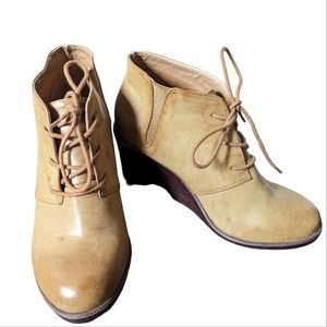 Torrid Women's 11W Cognac Lace Up Wedge Bootie Brown Faux Leather Ankle